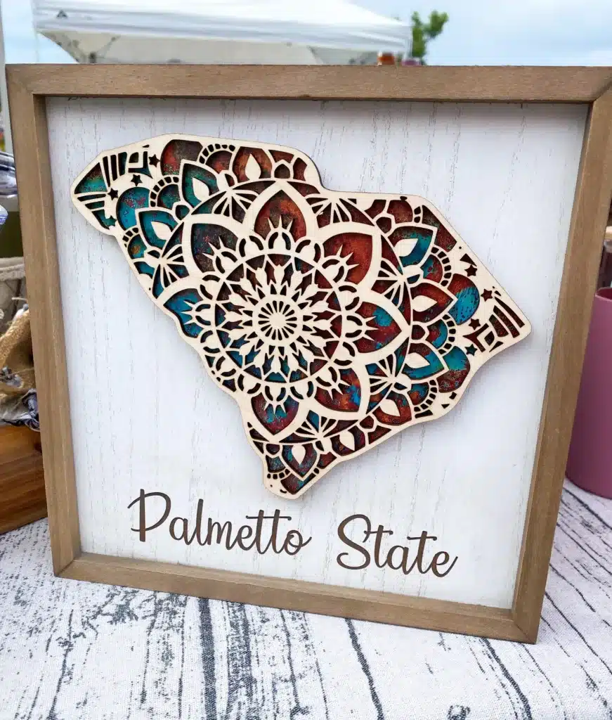 Mandala State Sign Laser Engraved and cut in a frame